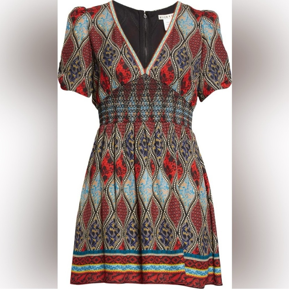 Tatiana puff-sleeve smocked mini dress in jewel print